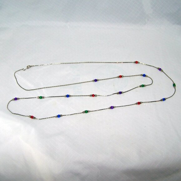 19" Necklace - Silver Tone with small Red, Blue, Purple, and Green Beads - Picture 1 of 4